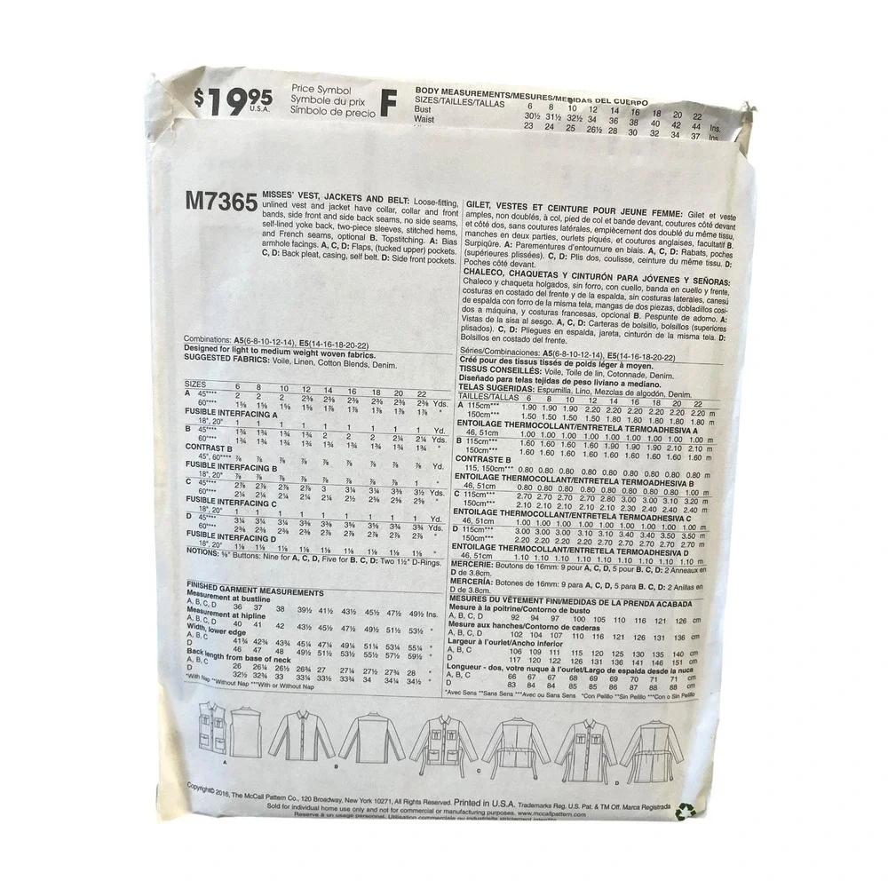 McCall's M7365 Misses' Vest Jackets & Belt E5 (14-16-18-20-22) Safari Utility